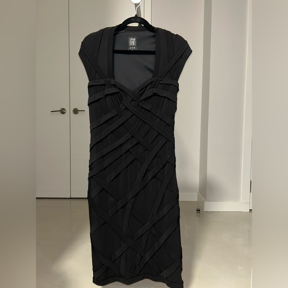 Jax Black Sheath Dress with V-Neck and Cap Sleeves